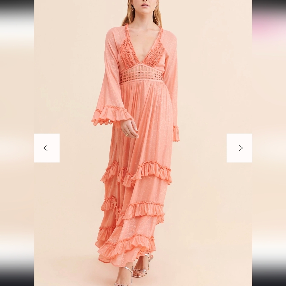 Free People Seraphina Maxi Dress Boho Ruffle Ethereal Metallic Adorned S NWOT